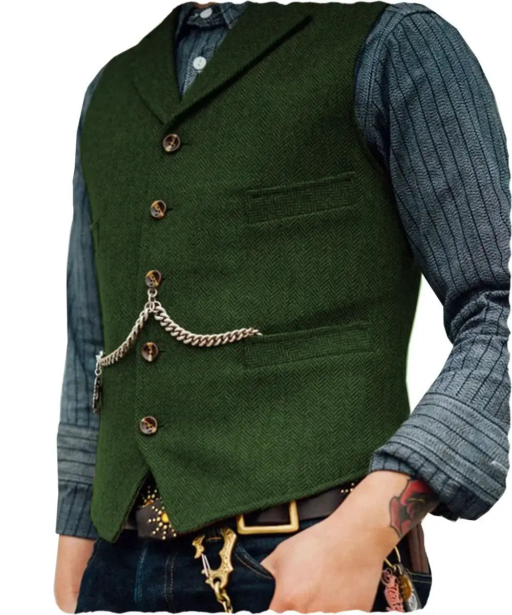 Green wool tweed men's vest with button front and decorative chain