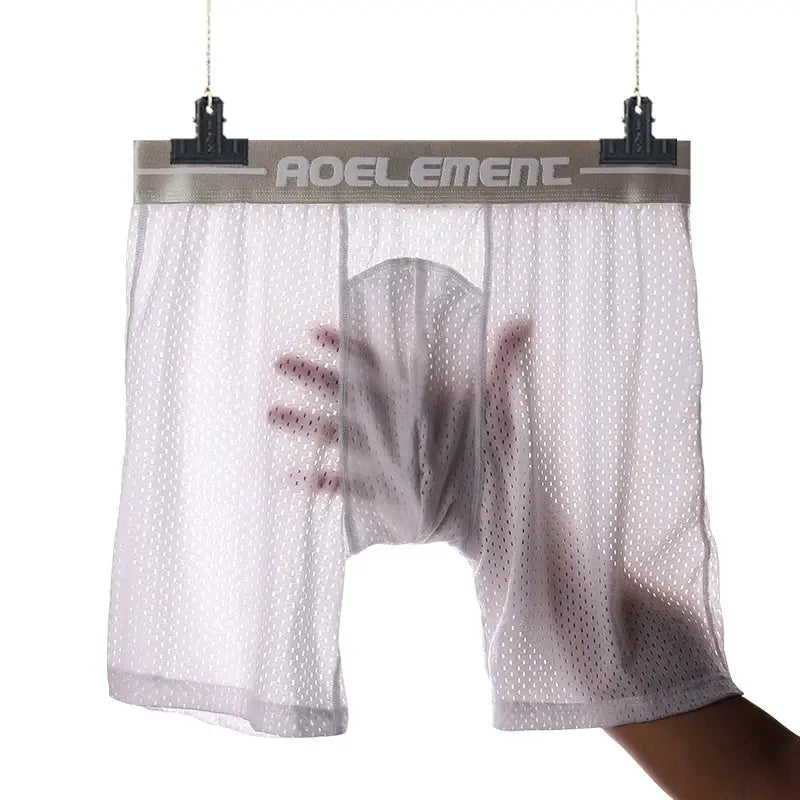 AOELEMENT men's white mesh boxer shorts with long legs, ice-silk loose fit