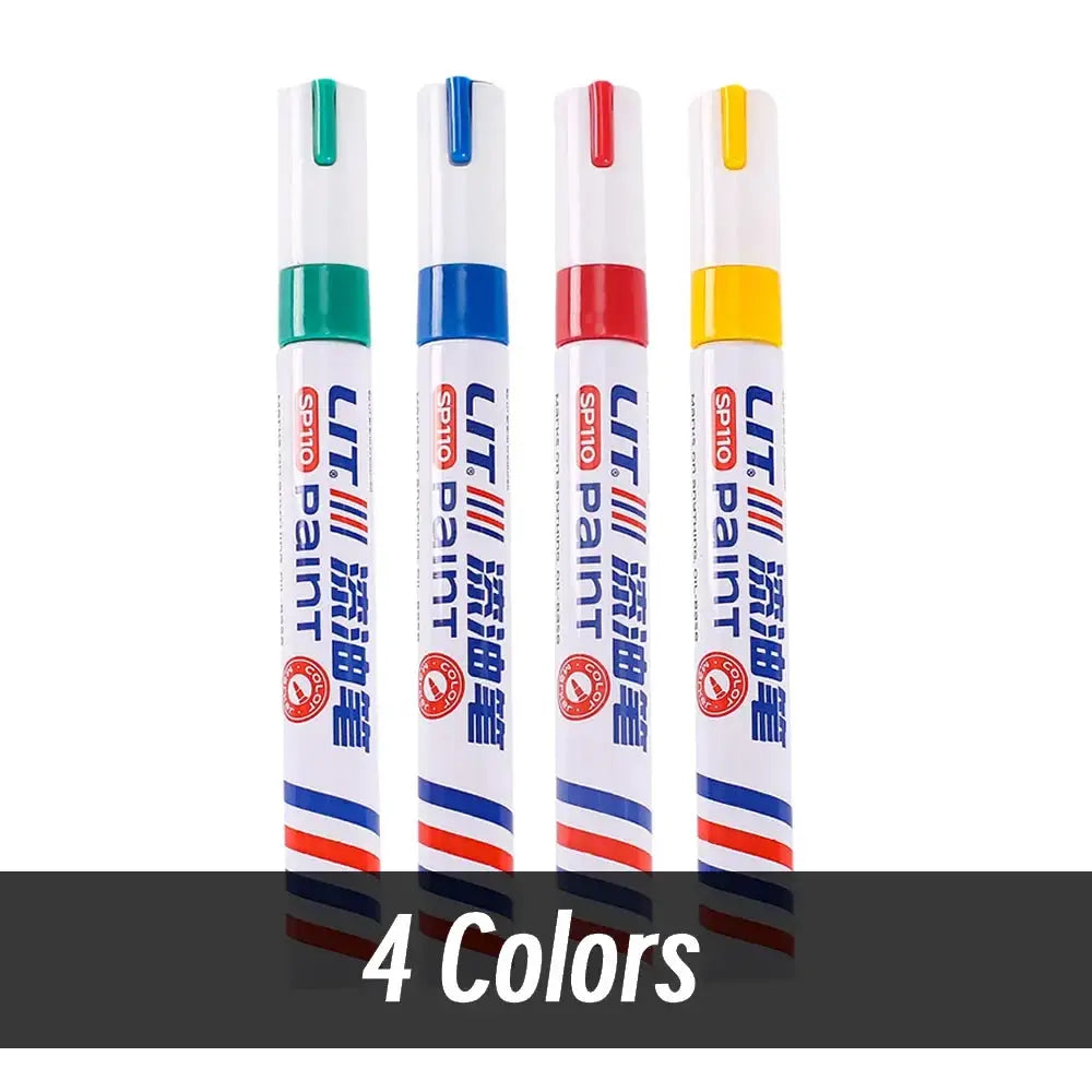 Simples Market 4-color permanent paint markers set, waterproof, white barrels with green, blue, red and yellow caps.