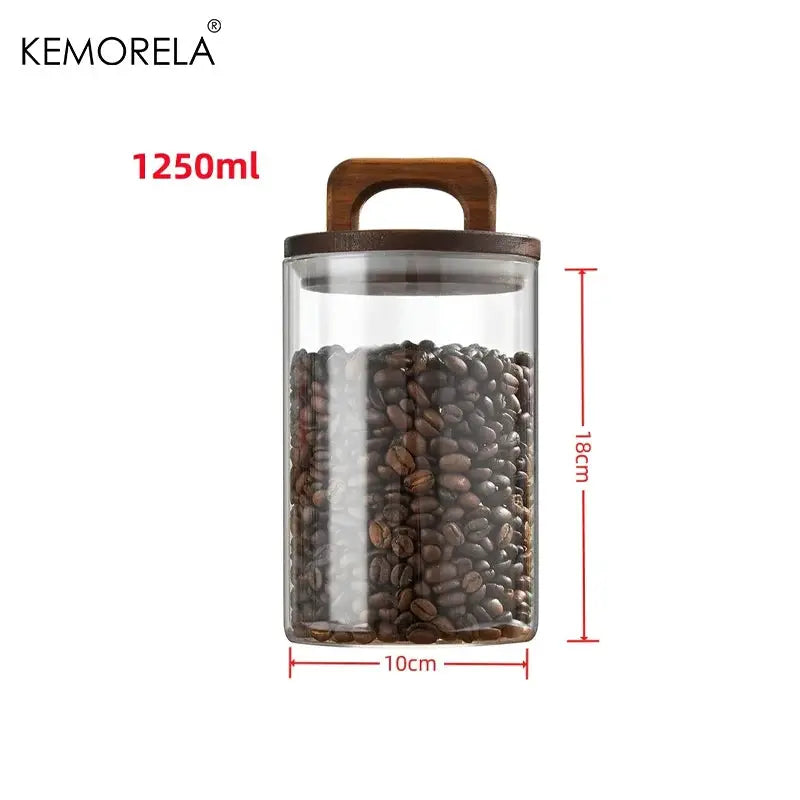Wood Lid Glass Jar Airtight Canister For Tea Coffee Beans Grounds Candy Kitchen Storage Sealed Jar