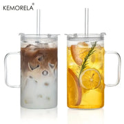 Kemorela 740ml Large Ribbed Glass Tumbler With Handle And Lid Reusable Straw For Iced Coffee