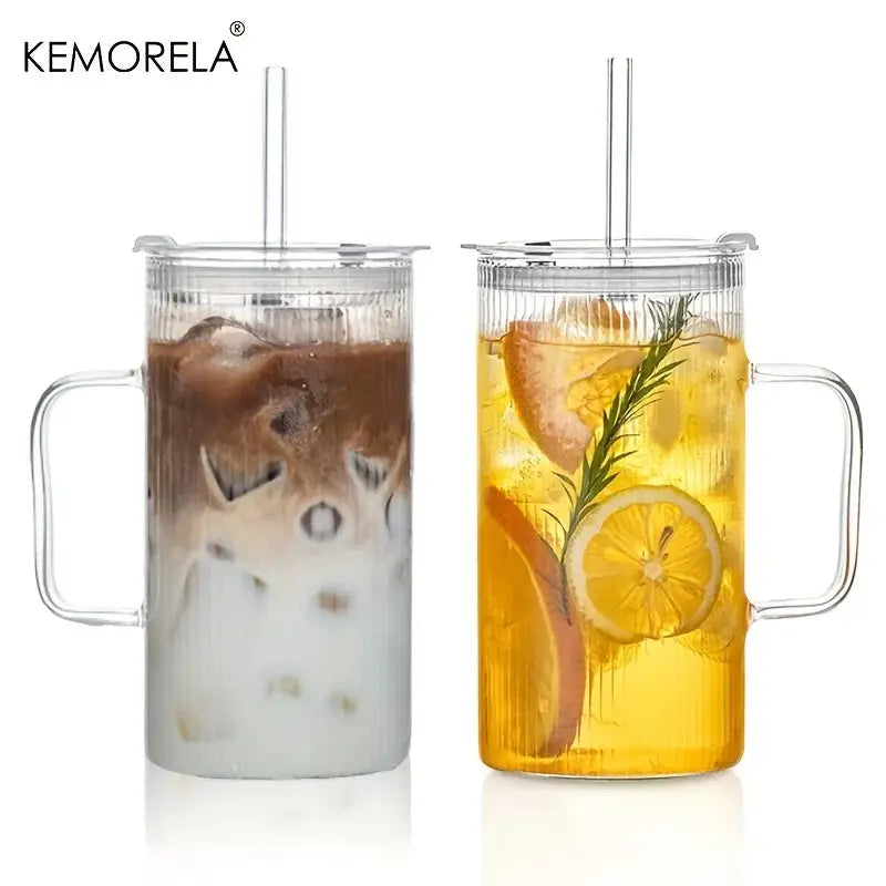 Kemorela 740ml Large Ribbed Glass Tumbler With Handle And Lid Reusable Straw For Iced Coffee
