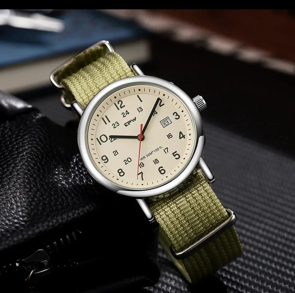 TPW Field Watch by Simples Market with khaki fabric strap, beige dial, 24-hour display and date window