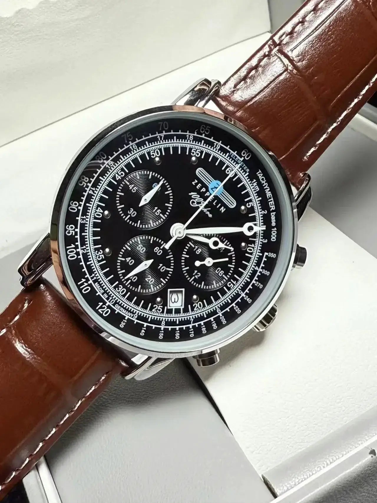 Zeppelin Airship automatic men's chronograph watch with black dial and brown leather strap
