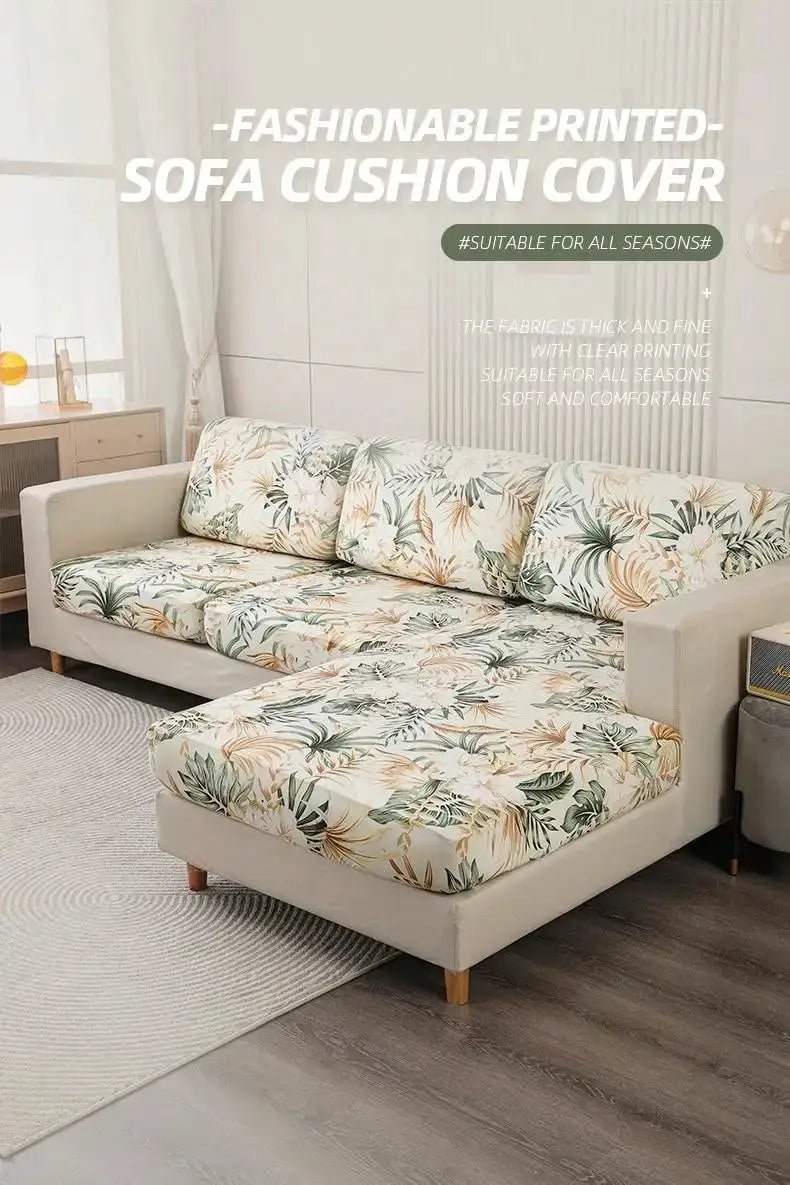 Tropical rainforest leaf printed milk silk sofa cover set with elastic edges for cream sofa and chaise