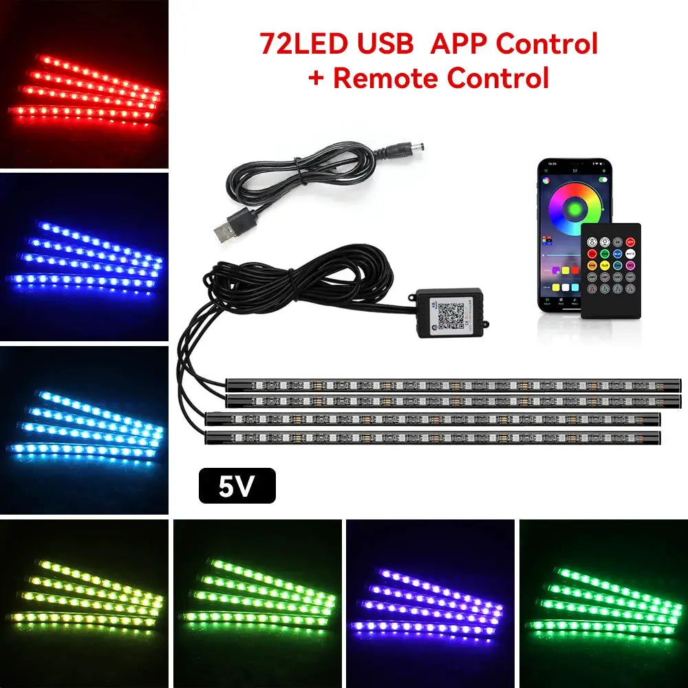 Neon 36 48 72 LED Car Interior Ambient Foot Light Kit RGB With Remote App And Music Sync Control