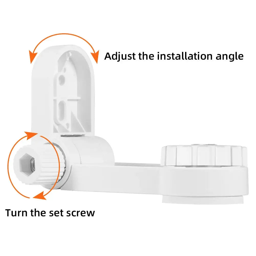 White security camera mounting arm with adjustable angle joint and set screw