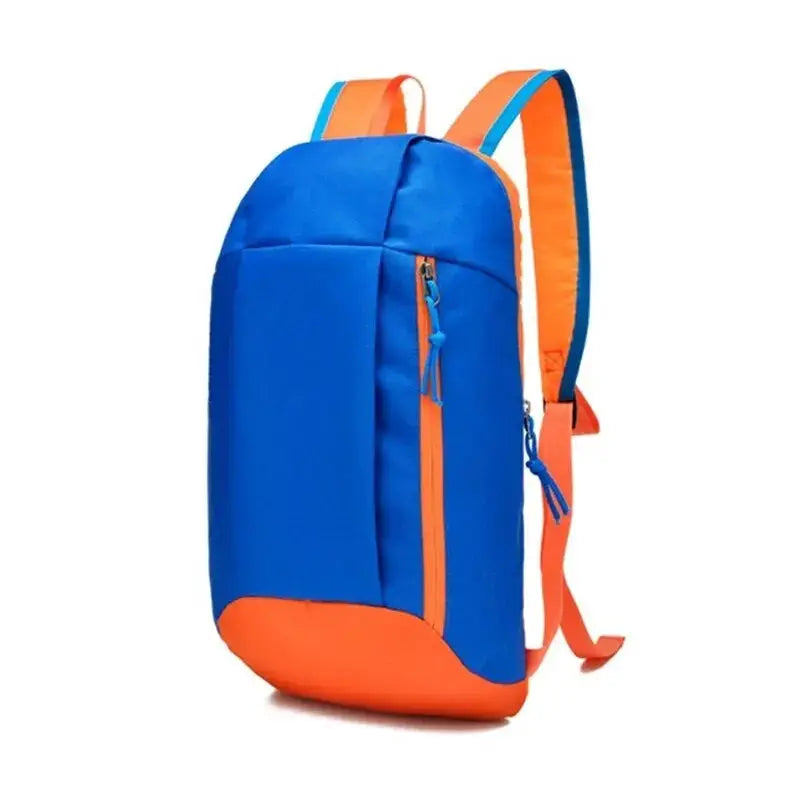 Men's outdoor backpack by Simples Market, lightweight blue bag with orange zippers and straps