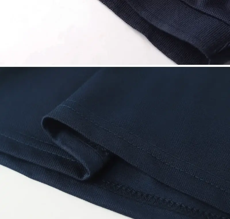 Navy polo shirt close-up of sleeve hem in dense knit fabric, short-sleeve essential casual daily business top