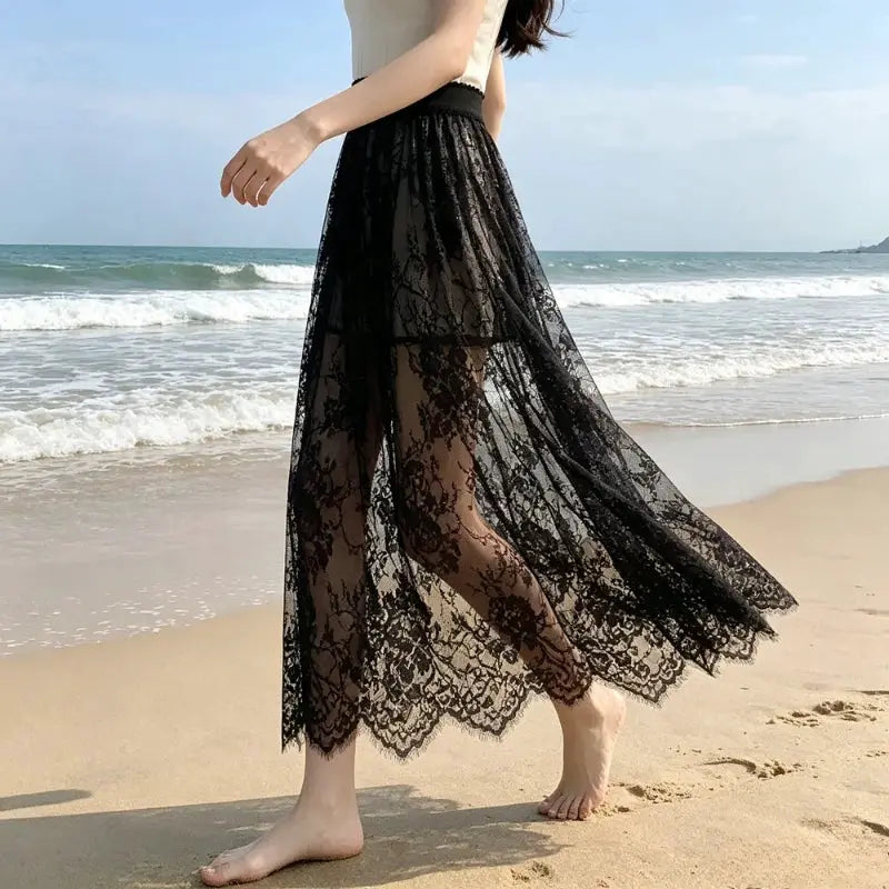 Black lace long tulle skirt for women, elastic high-waist beach midi with transparent lace overlay