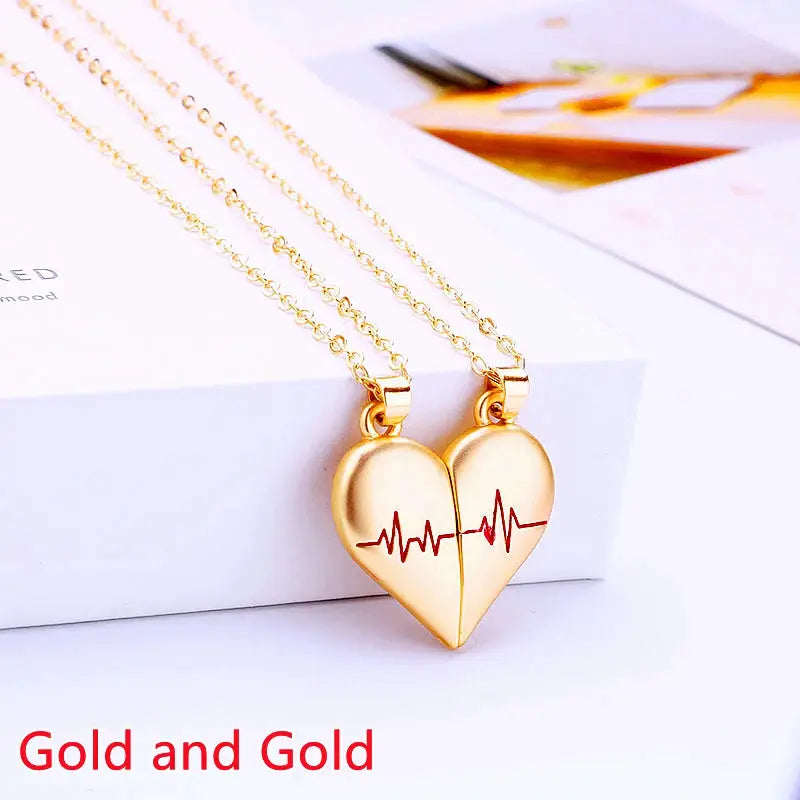 Couple Magnetic Heart Pendant Necklace Electrocardiogram Design Interlocking Hearts Valentines Gift