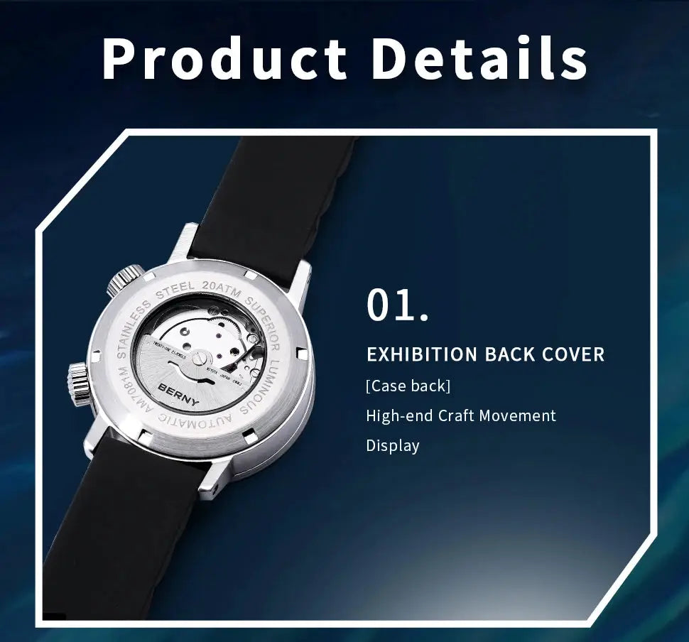 BERNY men's 20ATM diver watch, stainless steel case, exhibition back, automatic self-winding movement, black strap