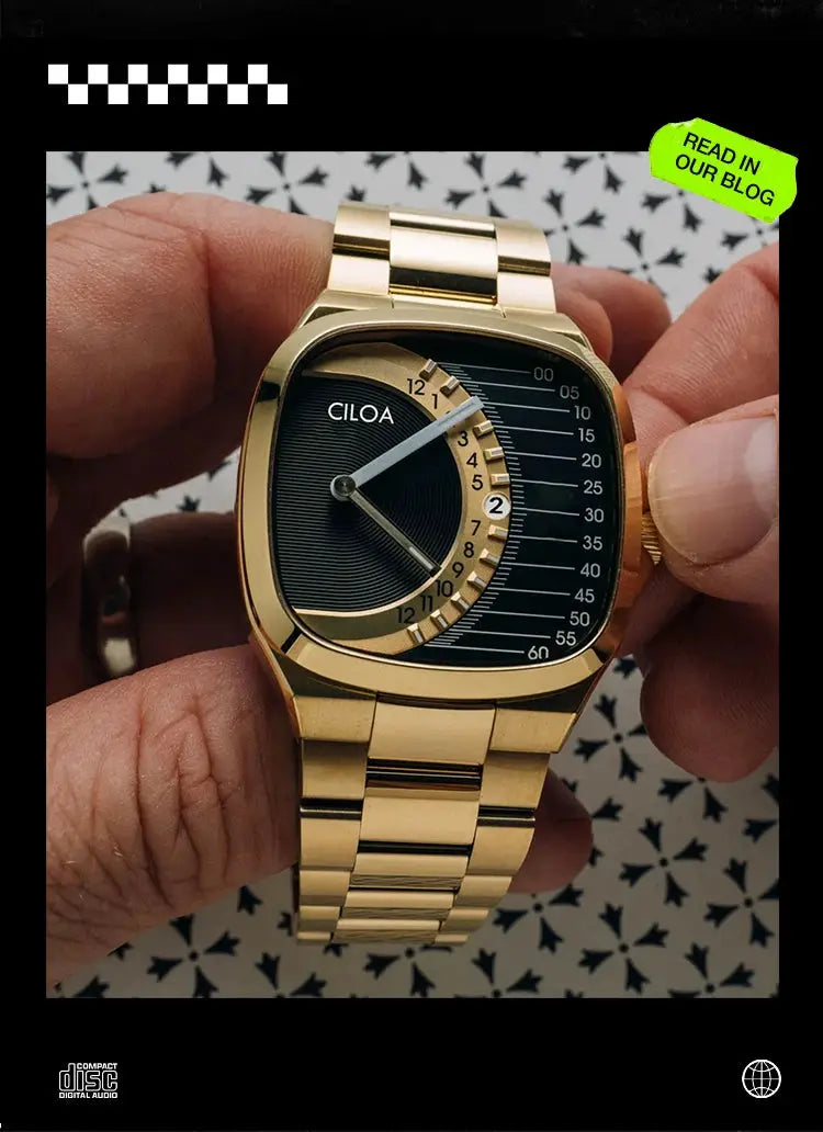 Authentic CILOA retro square men's watch with gold-tone steel bracelet, black dial and date window.