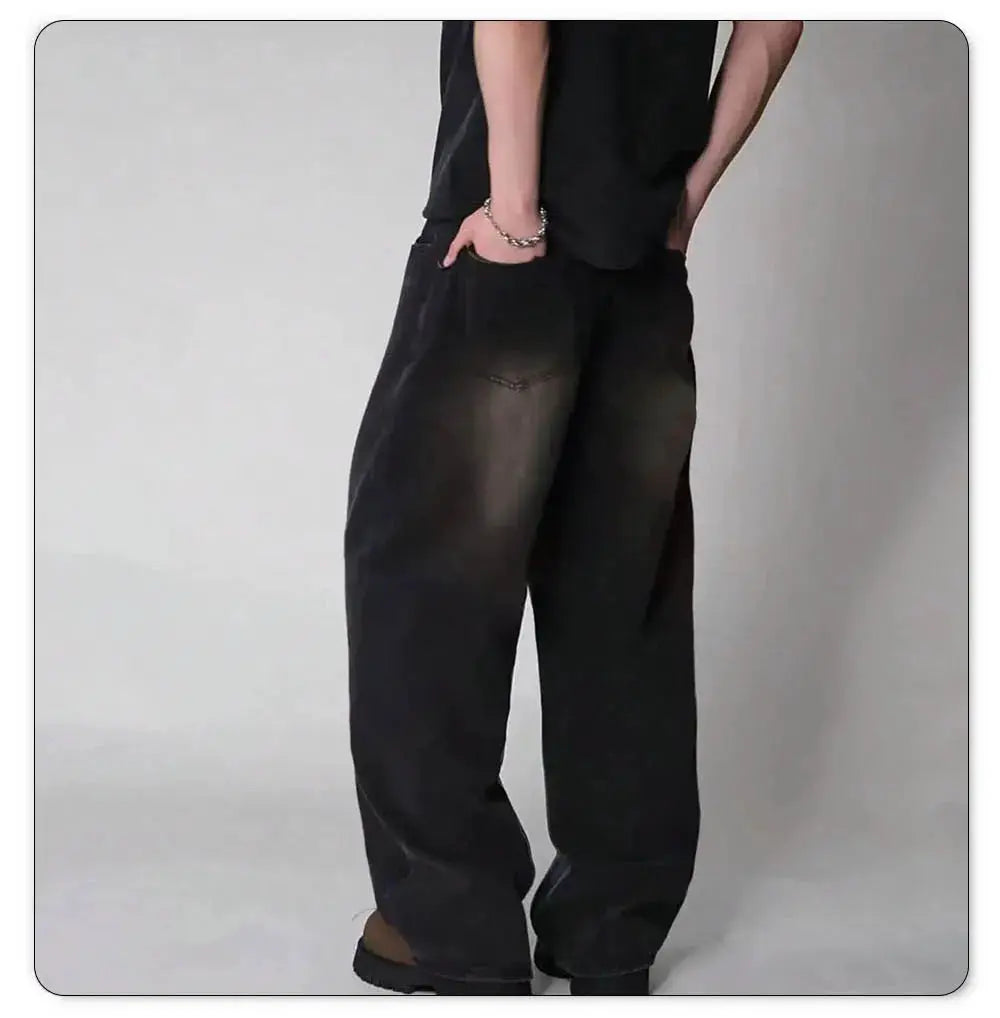 Four Season men's baggy jeans by Simples Market, black denim, loose wide-leg straight fit