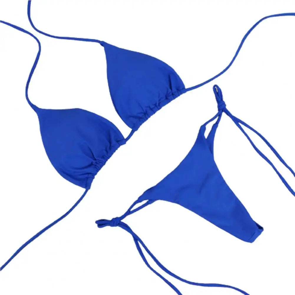 2 Piece Womens Swimsuit Set Halter Neck Bikini Solid Color Thong Bottom Beachwear 2024