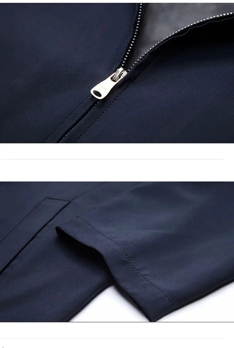 Men's navy blue loose casual business blazer with front zipper; solid color