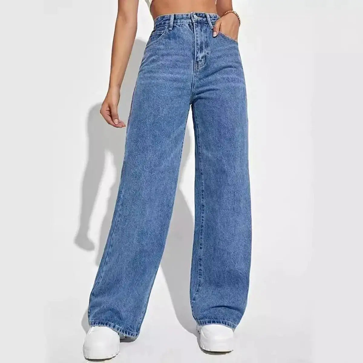 Retro Blue Jeans For Women Y2K High Waist Baggy Straight Leg Denim