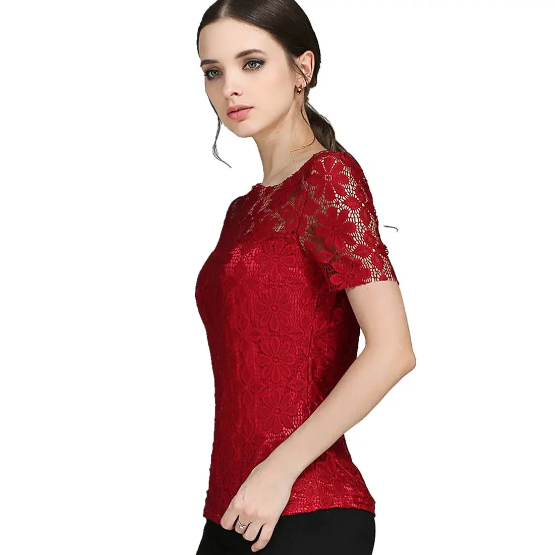 Red lace blouse with floral pattern, short sleeves, women's top.