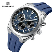 NAVIFORCE men's chronograph watch with blue dial, blue silicone strap, stainless steel case, 30m water resistant