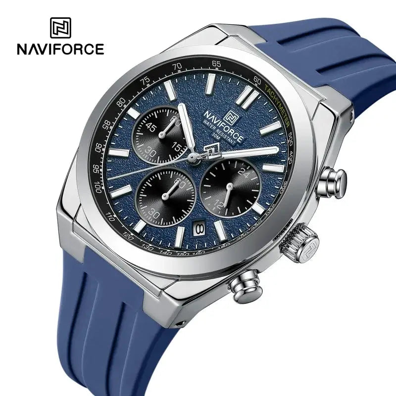 NAVIFORCE men's multifunctional chronograph watch with blue dial and silicone strap, luminous hands, 3ATM water resistant