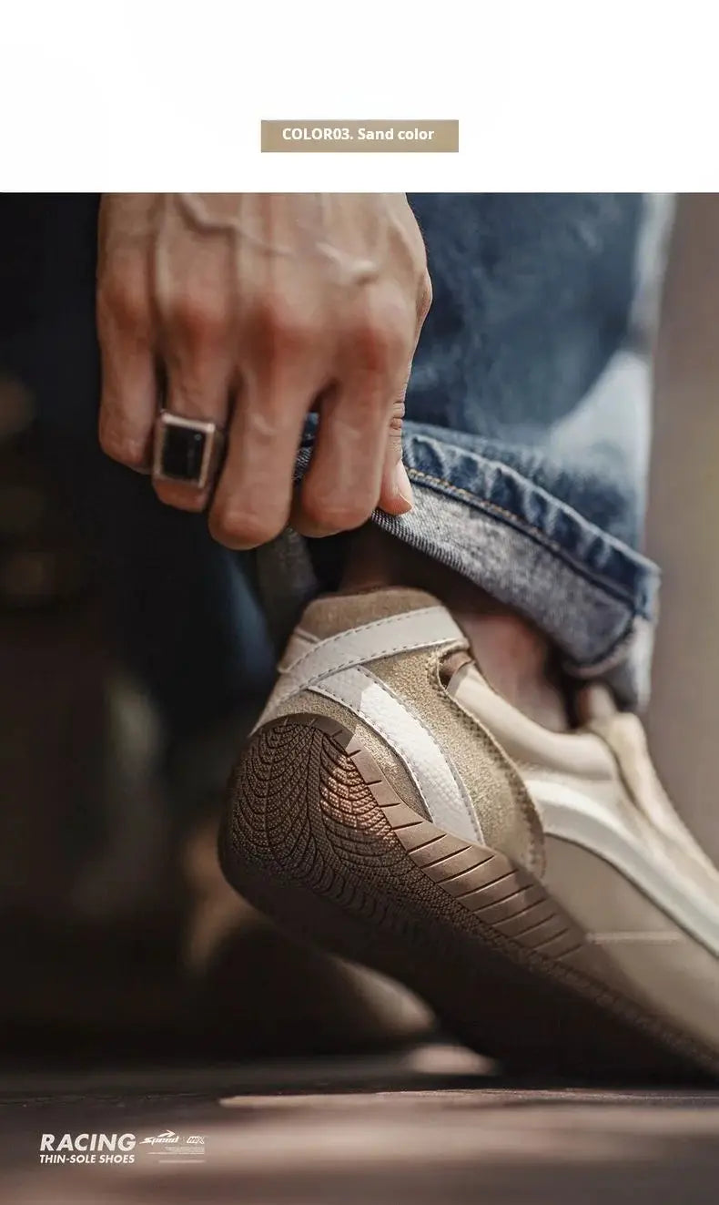 Simples Market Maden unisex sand-color racing shoes with vintage patchwork and thin sole