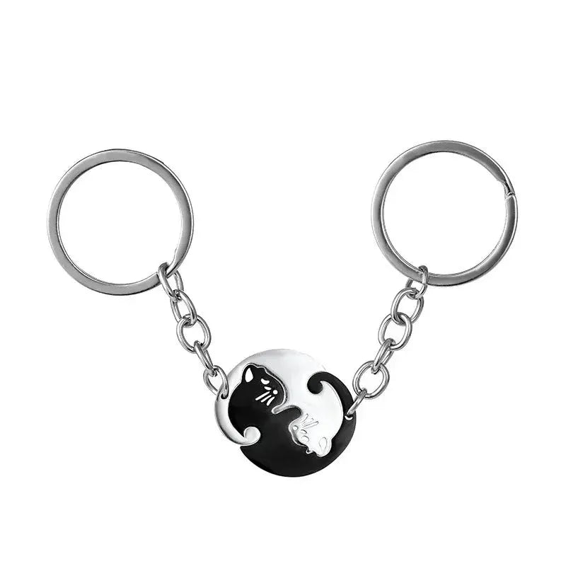Heart Shaped Cat Yin Yang Stainless Steel Keychain Set For Couples And Best Friends