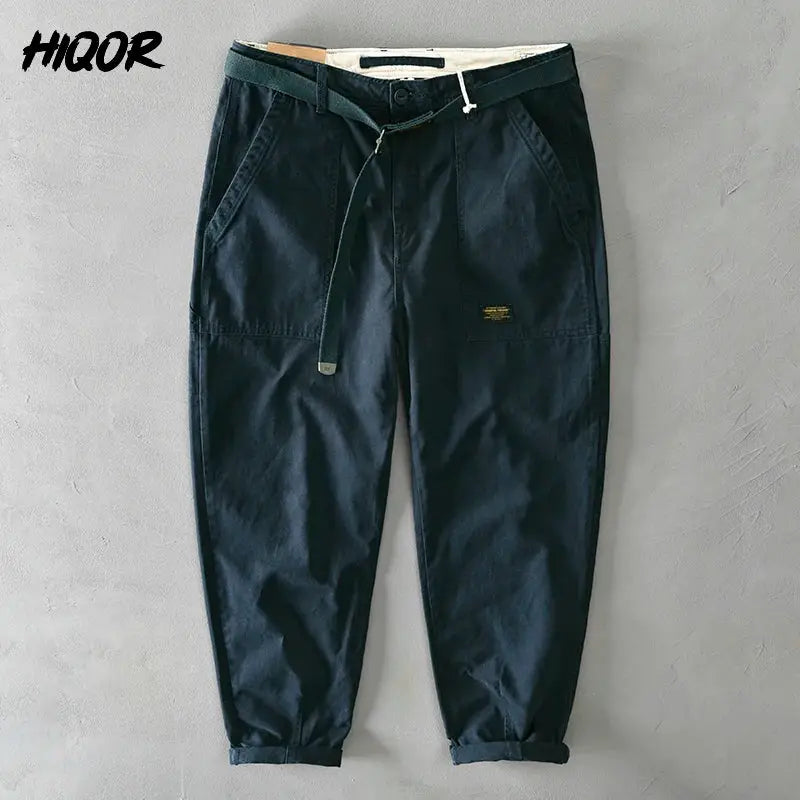 Men's cargo pants navy cotton with belt and large pockets; HIQOR logo visible