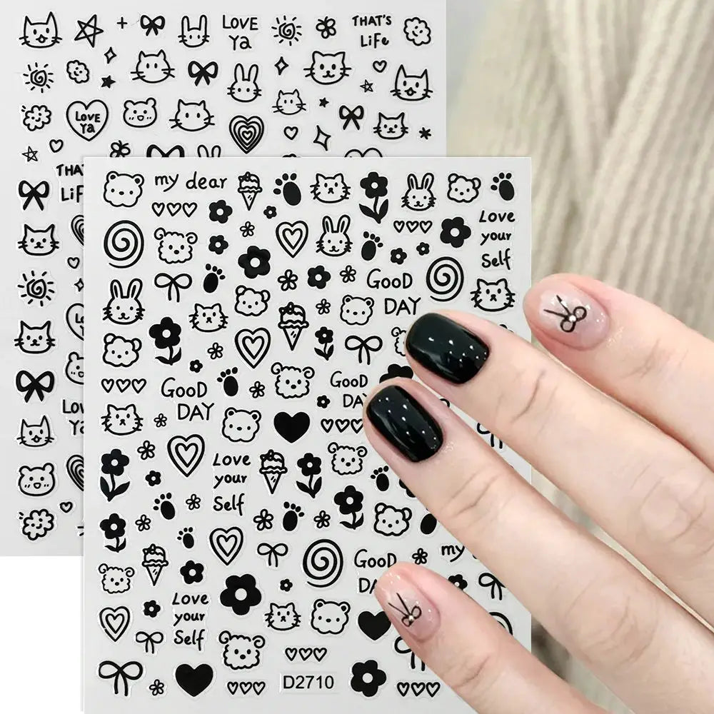 12-sheet cartoon nail sticker set with black cat kawaii decals for nails Simples Market
