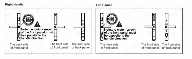 Slim sliding door smart lock installation diagram showing right and left handle options with front and back panel views