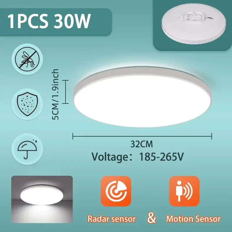 Simples Market round white LED radar ceiling light with motion sensor, 32 cm, 185–265V, 1pc 30W