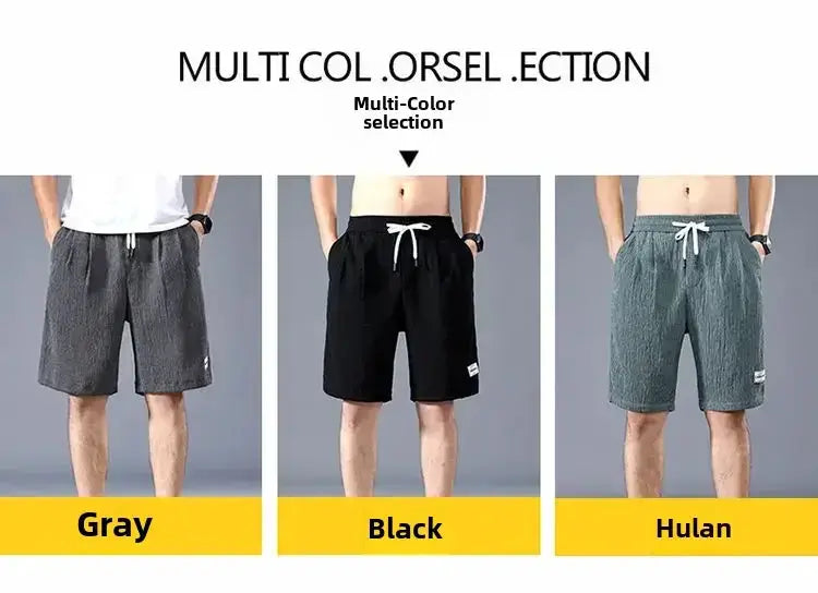 Men's ice silk casual shorts; three-color set gray/black/teal, loose fit with drawstring waist from Simples Market.