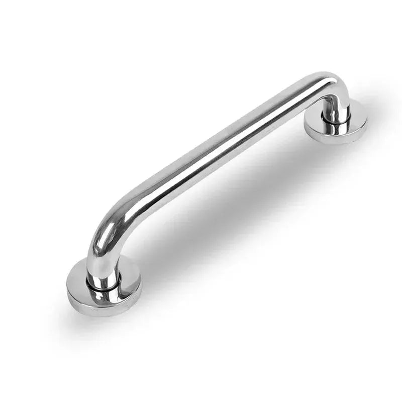 Stainless steel bathroom grab bar with chrome finish and round mounting flanges