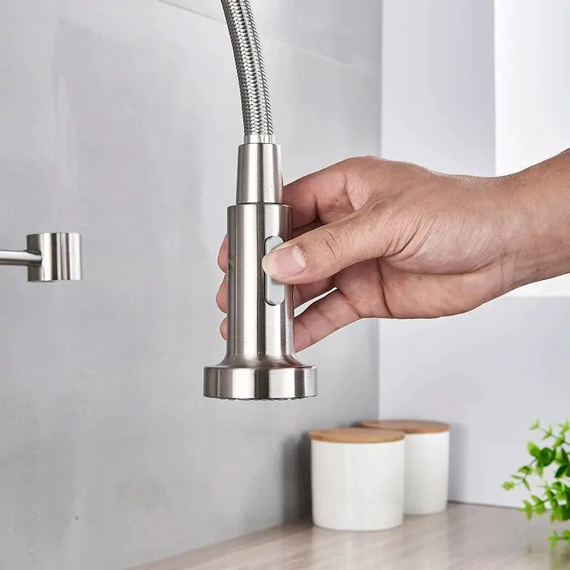 Brushed nickel kitchen faucet spray head by Simples Market with flexible hose, deck-mounted mixer, 360° rotation
