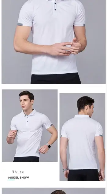 White polo shirt, quick-dry fabric, short-sleeve golf jersey; shown from front and back.
