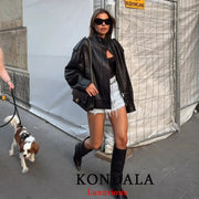 Kondala Womens Black Leather Jacket Casual Chic Oversized Elastic Fit With Button Details For Streetwear 2026