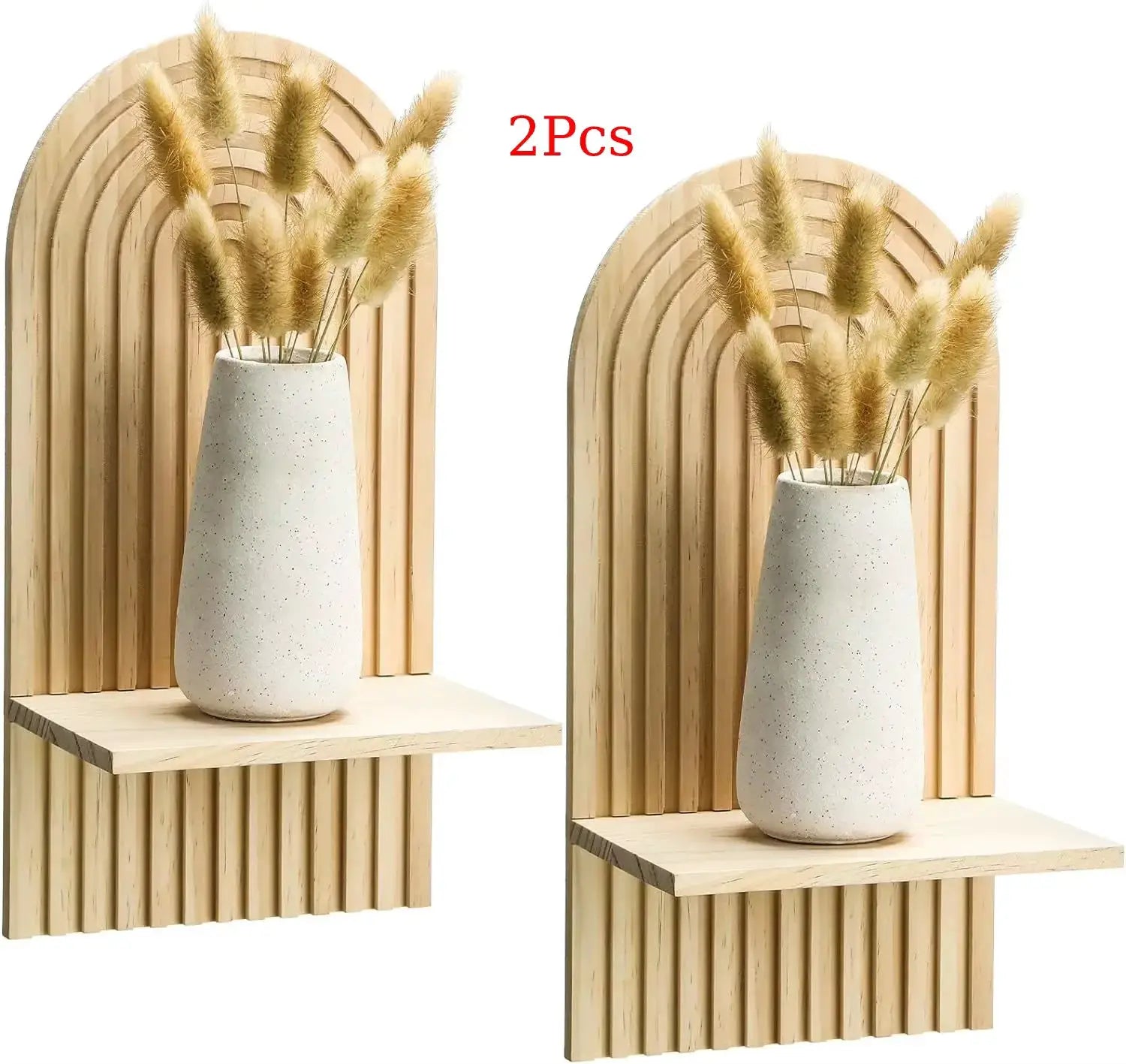 2-piece boho wooden wall shelf set in natural finish with arched back panels, vase with pampas grass.