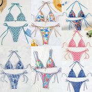 Triangle bikini set collage featuring 9 floral-print bikinis with string-tie sides and push-up tops