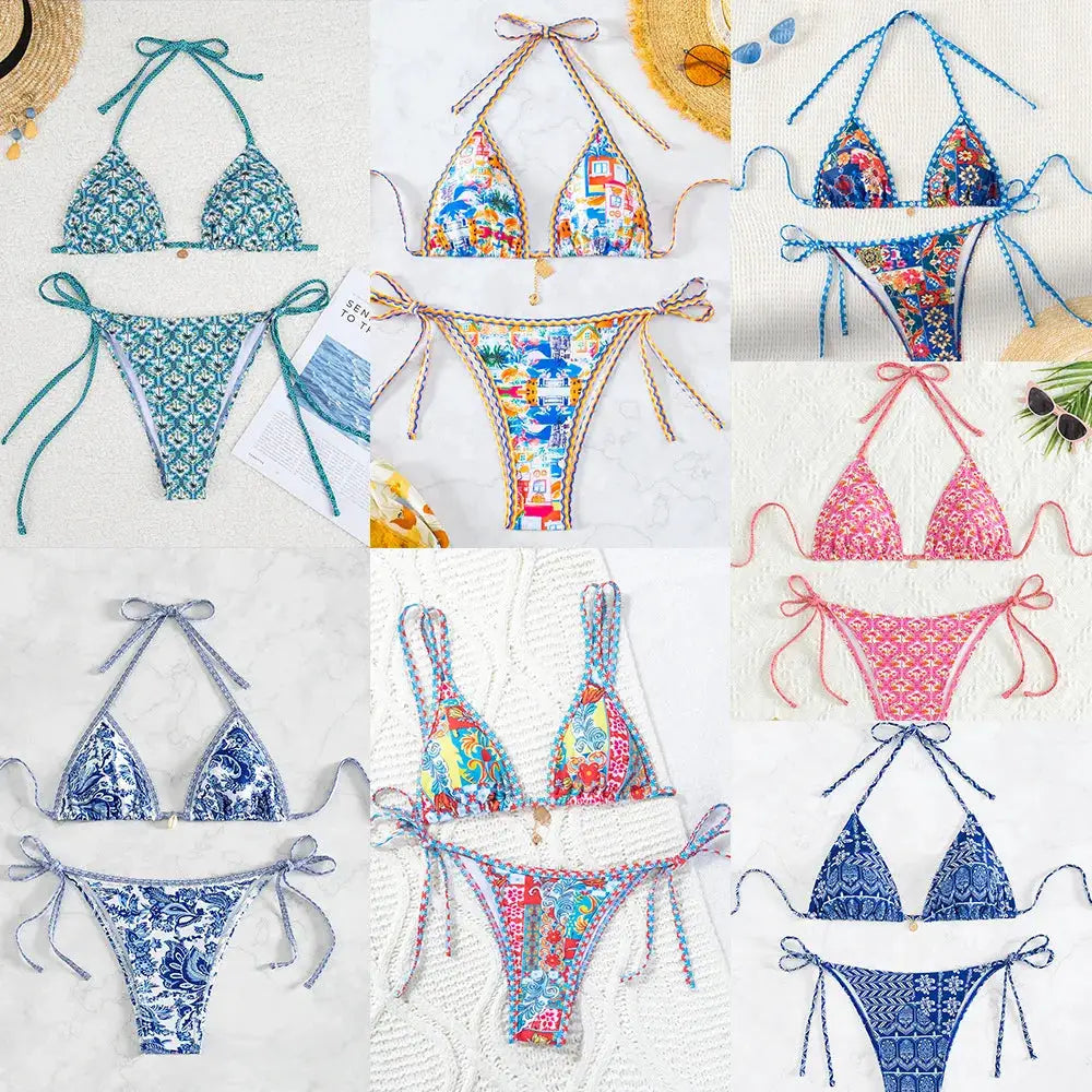 Triangle bikini set collage featuring 9 floral-print bikinis with string-tie sides and push-up tops