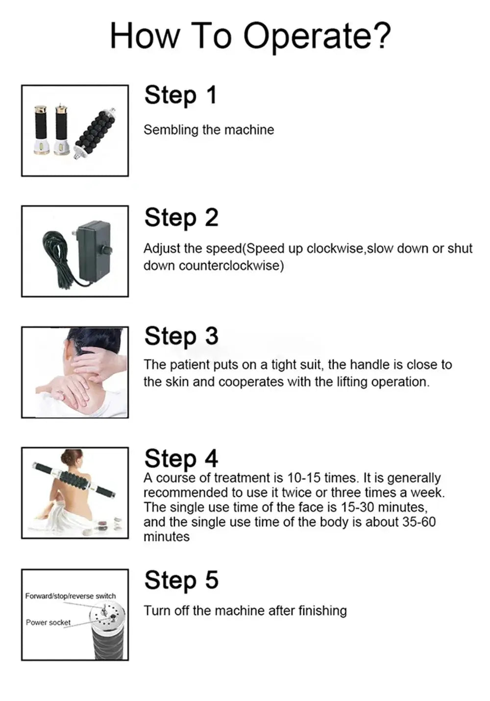 40W high-frequency rolling bead massager by Simples Market; power adapter included, shown in a 5-step operation guide