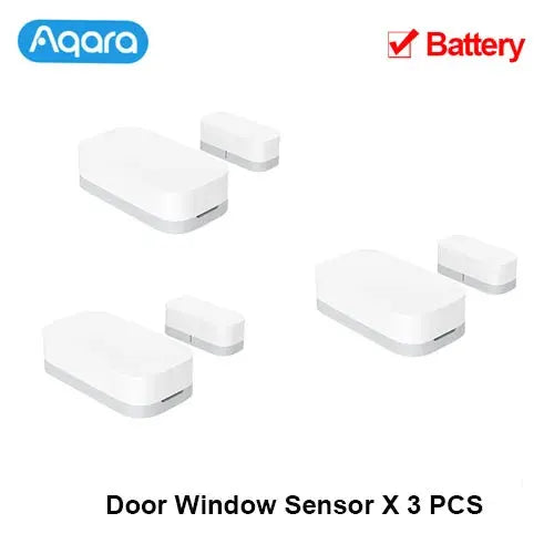Aqara door/window sensor kit, white; Zigbee compatible, 3-piece with magnetic parts.