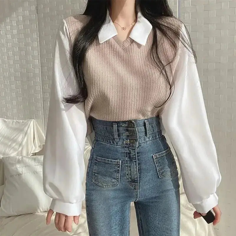 Summer Blouse For Women Korean Style False Two Piece Polo Collar Blouses Y2K Tops Streetwear Loose Fit Elegant Shirt