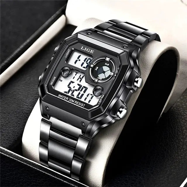 LIGE men's digital sport watch with black stainless steel band and square face, 30m water resistance.