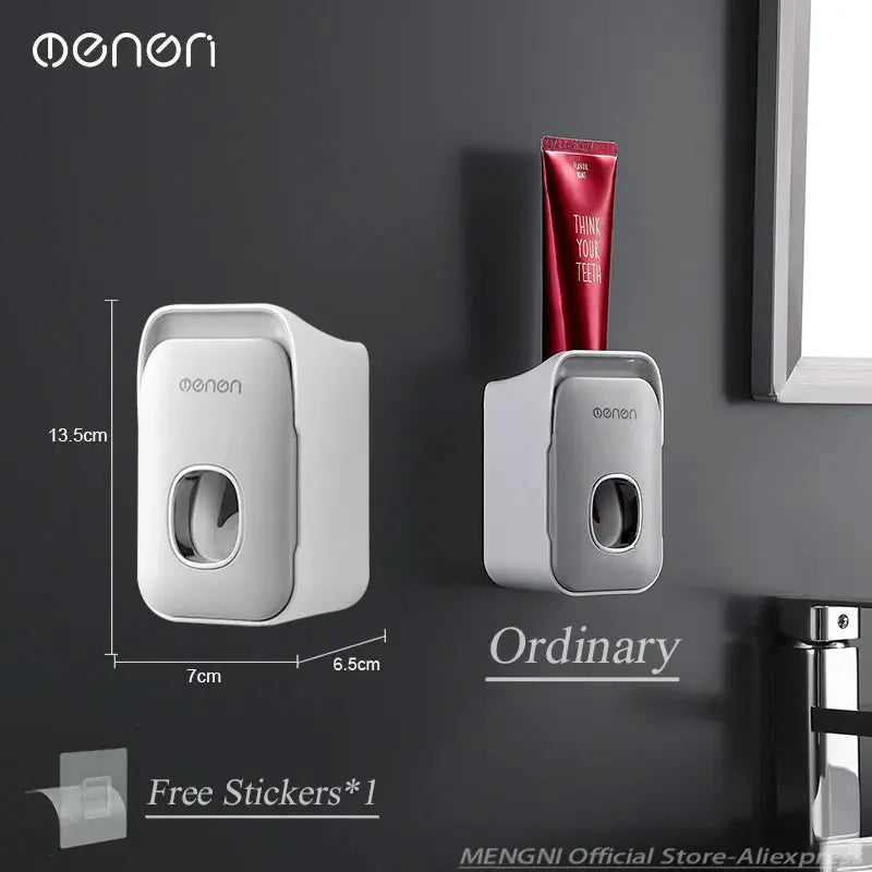 Two white MENGNI toothpaste dispensers wall-mounted with toothbrush holder; Simples Market brand, Oenori logo visible.