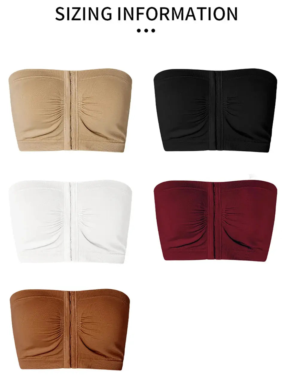Women's plus-size strapless bandeau bra set, seamless wireless, front-closure; 5 colors.
