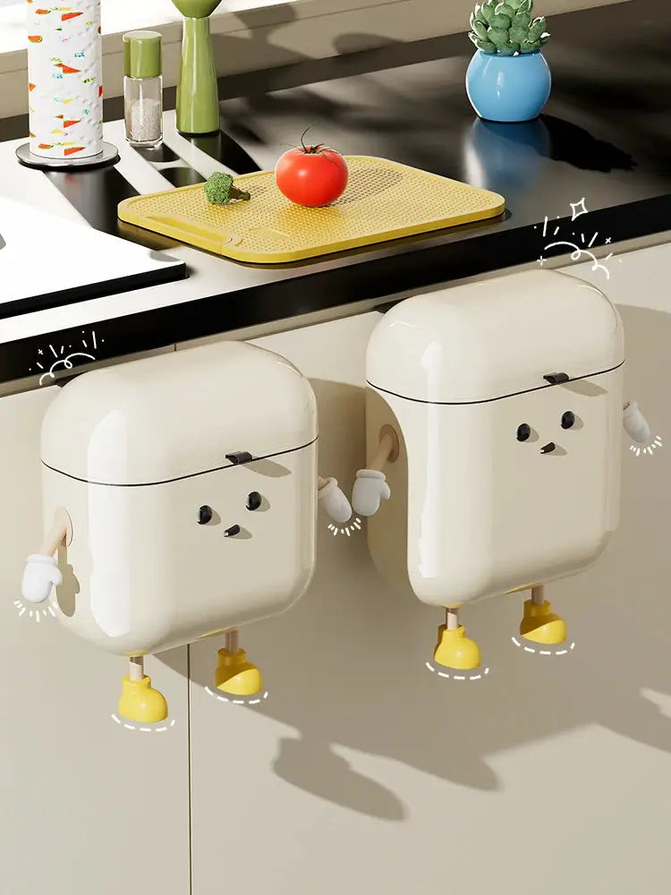 9L/12L Simples Market cream wall-mounted kitchen trash cans with lids, double set with cute face accents
