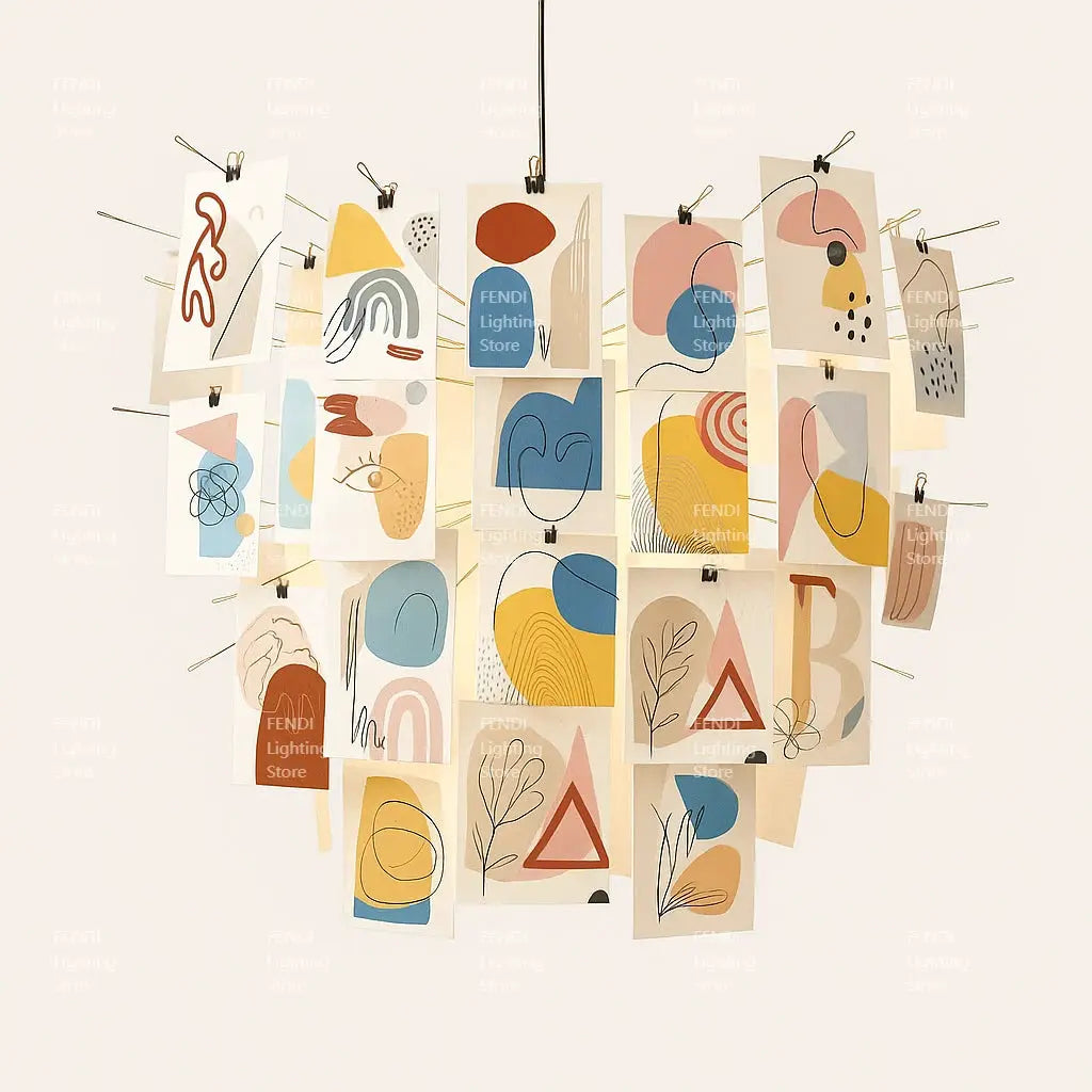 Simples Market Ingo Maurer colored paper chandelier replica with LED E27 bulbs, abstract art cards clustered