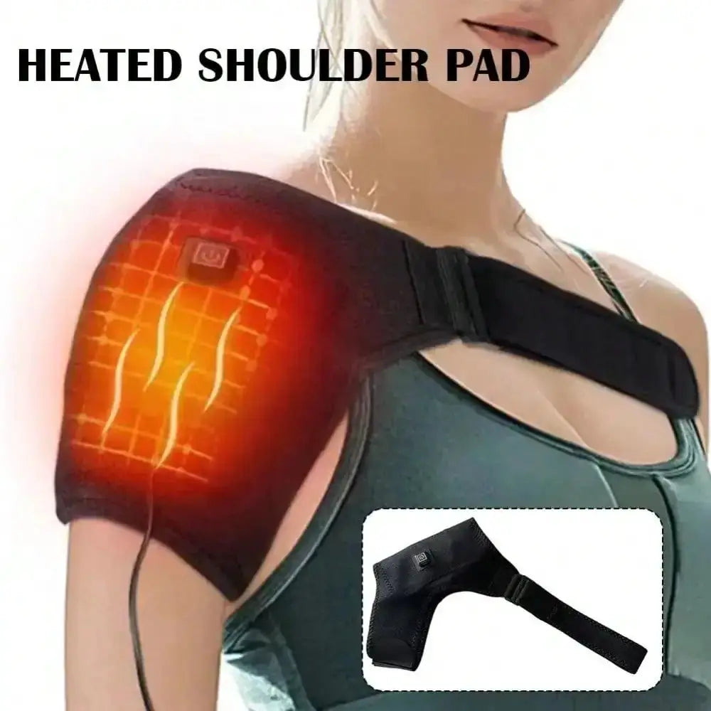 Electric heated shoulder wrap by Simples Market; black neoprene pad with adjustable strap