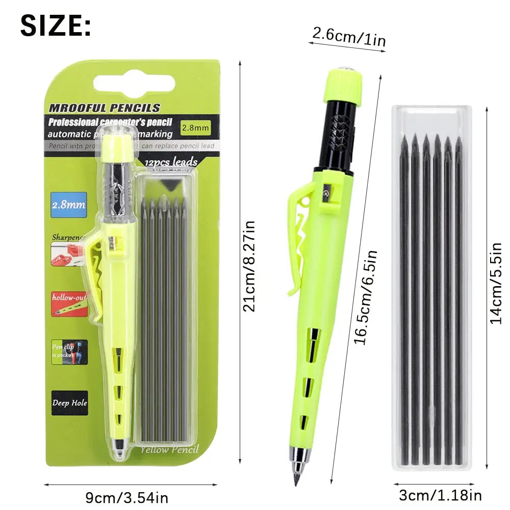 2.8mm woodworking pencil set with 12 lead refills, neon yellow-green carpenter marking pen by Simples Market
