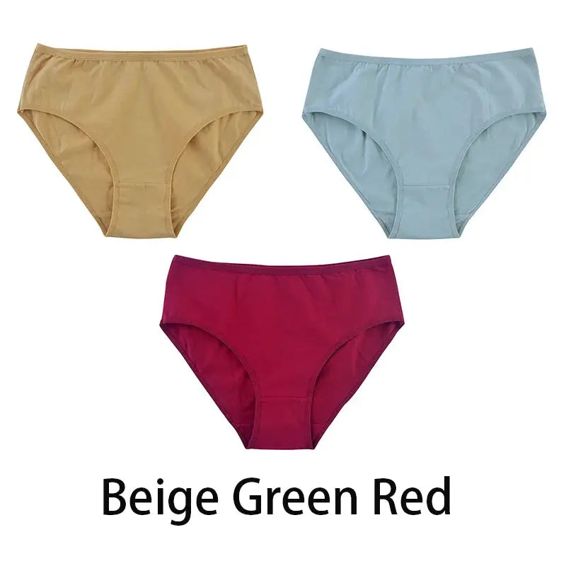 3-piece set of women's seamless cotton panties in beige, green, and red; soft briefs