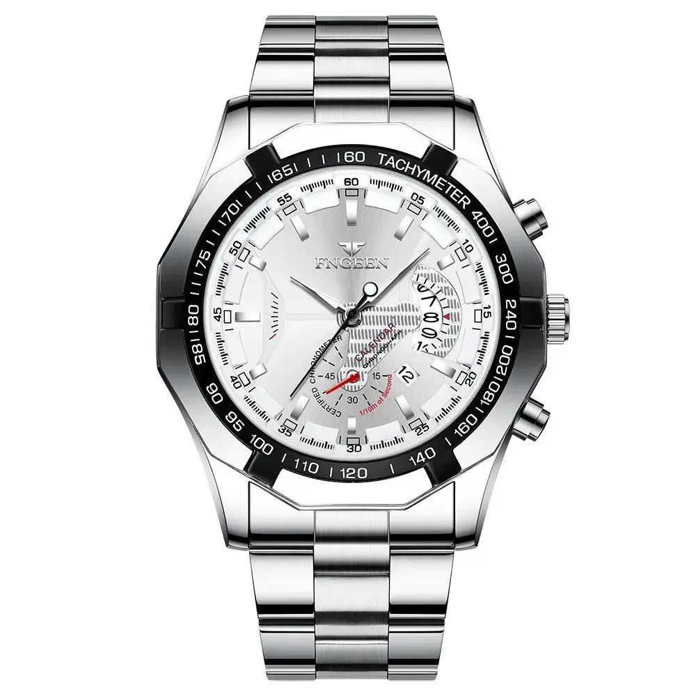 Men's stainless steel quartz wristwatch with tachymeter bezel and luminous dial